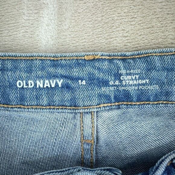 Old Navy Jeans OG Straight High Rise Women’s 14 Light Wash Distressed Stretch - Picture 5 of 10